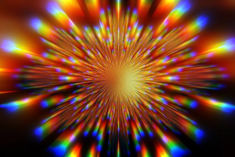 a brightly colored burst of light on a black background, a raytraced image, by Jon Coffelt, abstract illusionism, lens zooming, many colors in the background, zoom blur, space fractal gradient