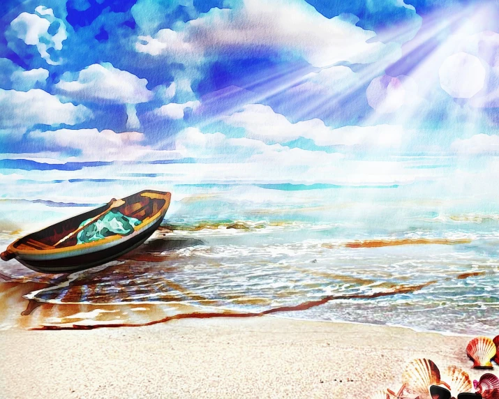 a boat sitting on top of a sandy beach, a digital painting, relaxing on the beach, background is heavenly, slice of life”, edited