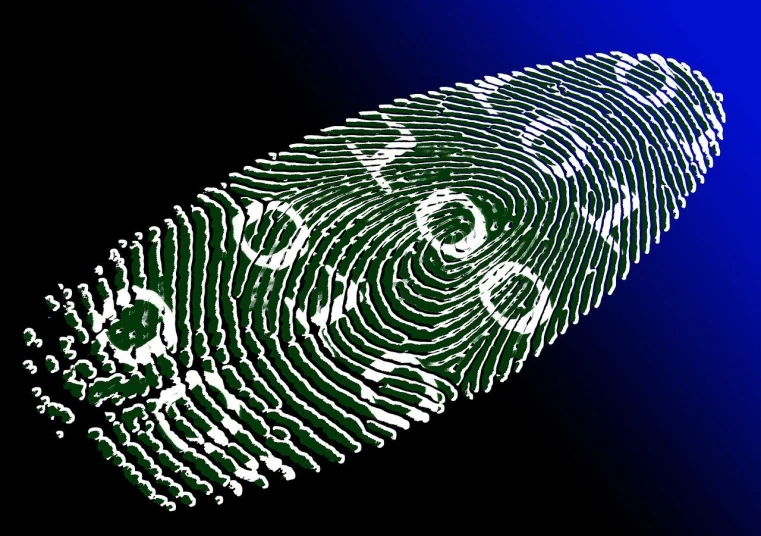 a close up of a finger print on a blue background, a digital rendering, by Ramón Silva, pixabay, green matrix code, 3/4 view from below, rorsach path traced, passport