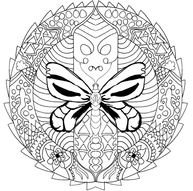 a black and white drawing of a butterfly, an abstract drawing, inspired by Josef Navrátil, trending on pixabay, circle iris detailed structure, flat coloring, front face symmetrical, dragon snake with wings