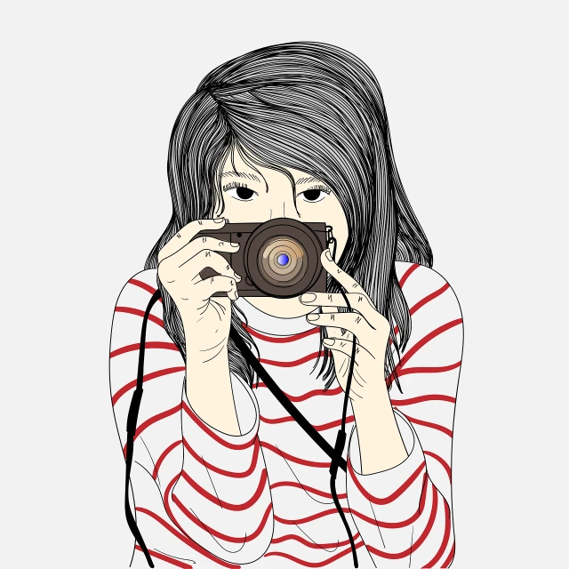 a woman taking a picture with a camera, a picture, by Maki Haku, art photography, drawing style, striped, very detailed illustration, portrait illustration