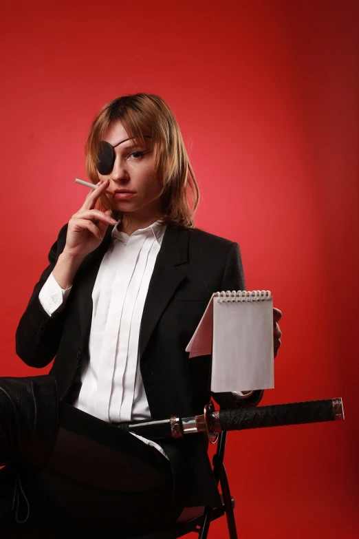 a woman sitting in a chair smoking a cigarette, a stock photo, on a red background, corporate boss, an edgy teen assassin, document photo