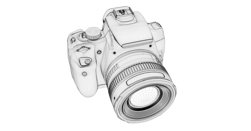 a black and white photo of a camera, an ambient occlusion render, dslr camera photo, sharp high detail illustration, wireframe models, canon eos rebel