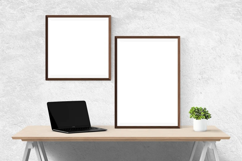 a laptop computer sitting on top of a wooden desk, a picture, computer art, frames, white background wall, two models in the frame, large vertical blank spaces