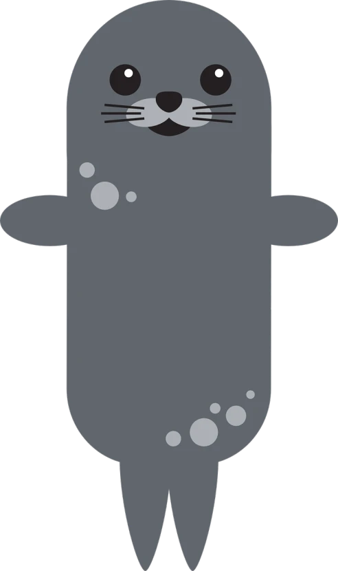 a cartoon seal standing in front of a black background, concept art, inspired by Kōno Michisei, reddit, grey mustache, top - down view, whole cat body, discord mod