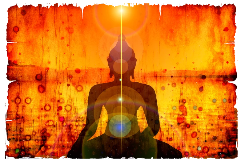 a silhouette of a person sitting in a meditation position, a digital rendering, metaphysical painting, sun drenched, buddha, full subject shown in photo, vibrant setting