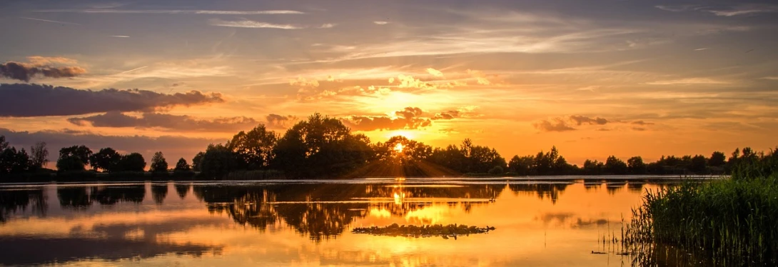 the sun is setting over a body of water, by Juergen von Huendeberg, pixabay, romanticism, golden heavenly lights, summer lake setting, panoramic, located in a swamp at sunrise