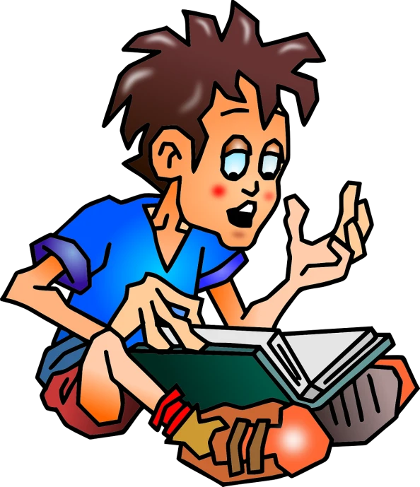 a boy sitting on the ground reading a book, a storybook illustration, pixabay, computer art, menacing!!!, woody\'s homework, busy night, finger