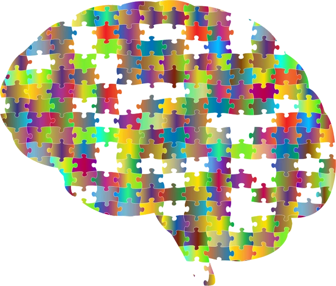 a brain made of puzzle pieces on a black background, a jigsaw puzzle, by Jon Coffelt, pixabay, generative art, psychedelic colors, antenna, beautiful day, maze-like