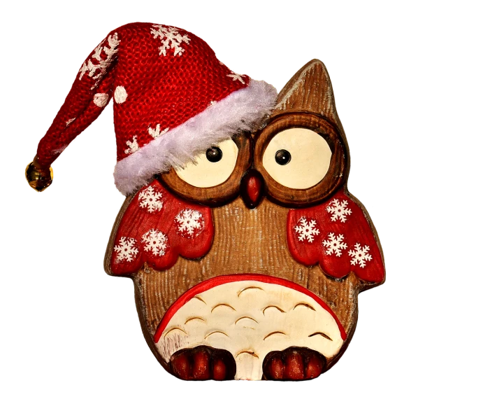 a close up of an owl wearing a santa hat, by Tom Carapic, pexels, folk art, cute funny figurine wooden, on black background, stock photo, clipart