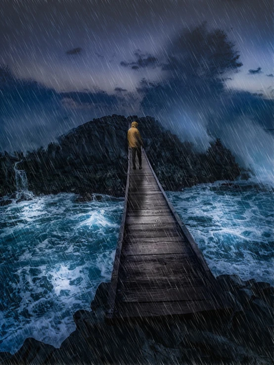 a person standing on a pier in the rain, a picture, by Giorgio Cavallon, shutterstock, realism, wild ocean storm at night, a very sad man, photoshopped, bridge