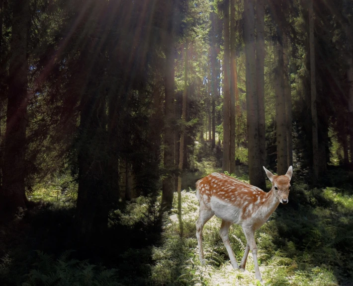 a deer standing in the middle of a forest, a picture, renaissance, volumetric sunlight, very realistic photograph, midsummer, spots