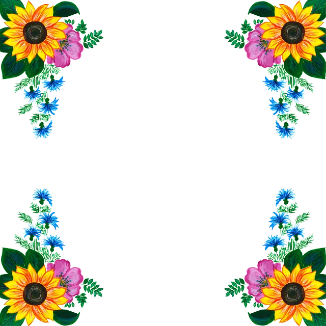 a border of sunflowers and other flowers on a black background, a picture, digital art, mirror background, with colored flowers, blue flowers accents, on simple background