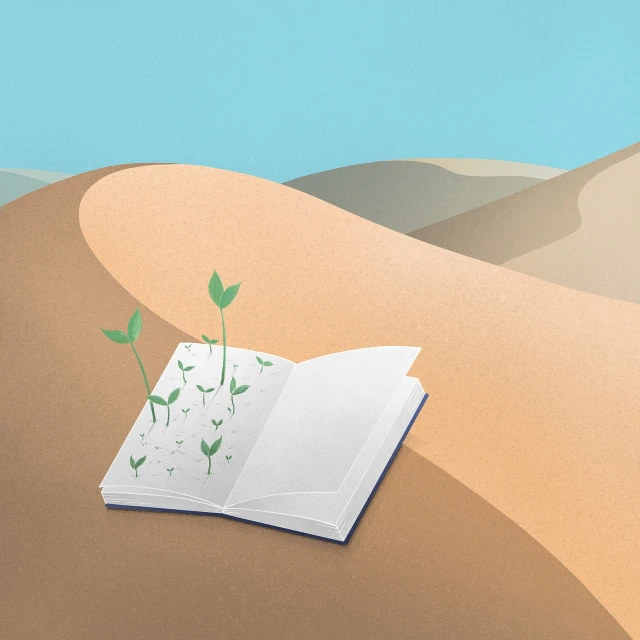 an open book with a plant growing out of it, a storybook illustration, inspired by Emiliano Ponzi, unsplash, conceptual art, in the desert beside the gulf, trend on behance illustration, seedlings, worksafe. illustration