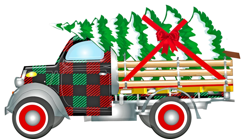 a truck with a christmas tree in the back, by Bob Singer, digital art, on black background, zoomed in, lumberjack, register
