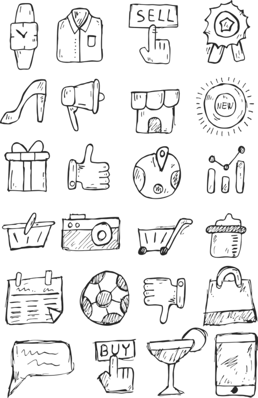 a bunch of icons drawn in chalk on a blackboard, a digital rendering, by Odhise Paskali, trending on pixabay, graffiti, shopping cart icon, crisp image texture, 2 0 5 6 x 2 0 5 6, black color