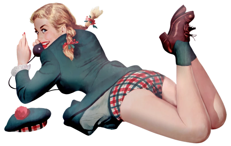 a woman laying on the ground with her legs crossed, by Glen Angus, tumblr, digital art, wearing a kilt, retro pinup model, header, shapely derriere