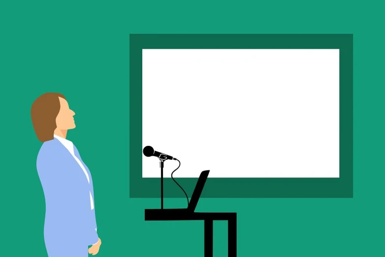 a man standing in front of a projection screen, a cartoon, trending on pixabay, computer art, sitting in front of a microphone, use of negative space allowed, school classroom, teals