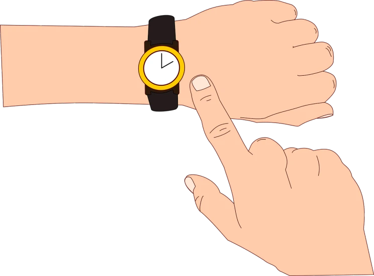 a hand pointing at a wrist with a watch on it, a digital rendering, by Andrei Kolkoutine, pixabay, pop art, realistic footage, wikihow illustration, stop frame animation, on a flat color black background