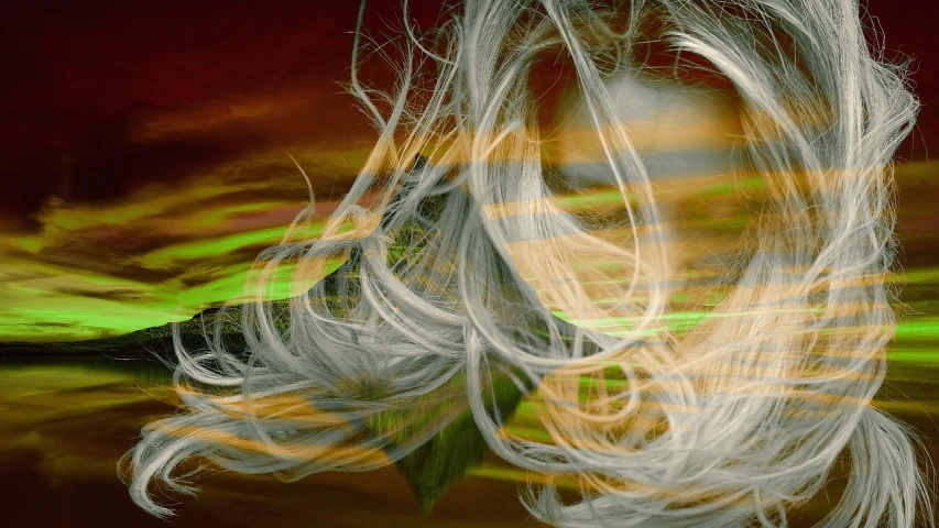 a close up of a person with long hair, digital art, flickr, lyrical abstraction, clouds of vivid horse-hair wigs, white hair floating in air, whirling, leaf hair