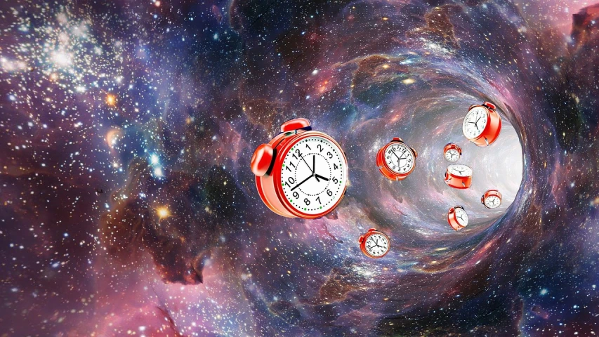 a bunch of clocks that are flying in the air, space art, 🕹️ 😎 🔫 🤖 🚬, time travel, time magazine, red shift