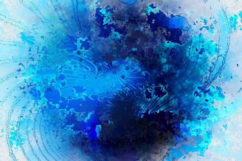 a close up of a painting of a blue flower, digital art, inspired by Hans Hartung, generative art, beautiful fractal ice background, bird view, ink splashes, view from above