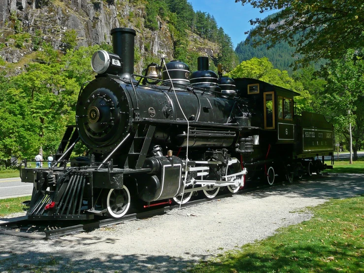 a black train traveling down train tracks next to a forest, on display in a museum, shag, featuring engine, summer day