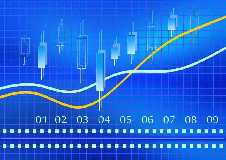 a close up of a stock chart on a blue background, a digital rendering, smooth and clean vector curves, no gradients, amber, buds