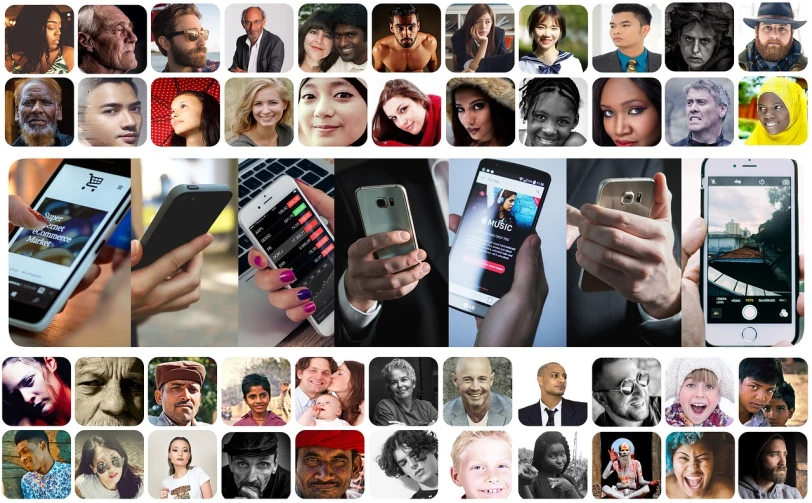 a collage of people using their cell phones, a photo, by Julian Allen, trending on pixabay, happening, diverse faces, holds a smart phone in one hand, 7 0 mm portrait, ebay photo