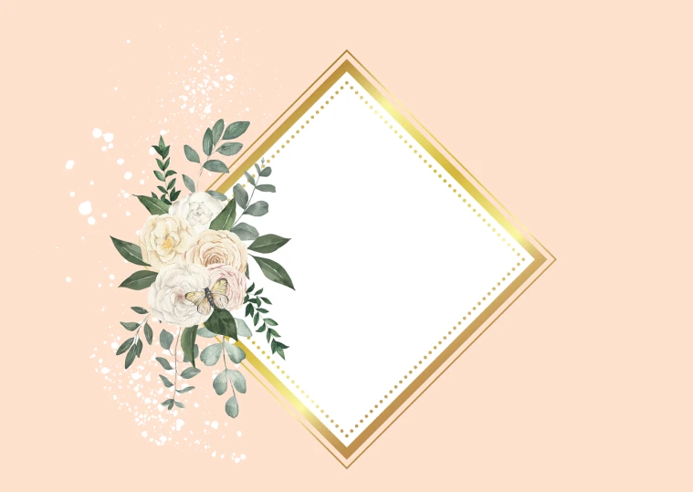 a white flower on a pink background with a gold frame, a picture, with a square, rose gold, flowers and foliage, beige background