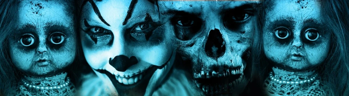 a group of creepy looking dolls sitting next to each other, a portrait, by Aleksander Gierymski, digital art, portrait skull clown, blue faces, profile picture 1024px, fangs