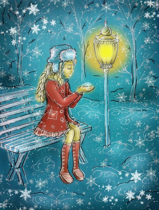 a drawing of a little girl sitting on a bench, a storybook illustration, inspired by Claire Hummel, pixiv contest winner, naive art, glowing snow, lantern, mixed media style illustration, whole page illustration