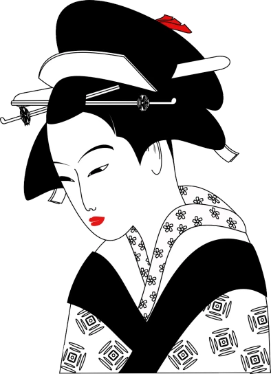a black and white drawing of a woman in a kimono, pixabay, traditional japanese colors, japan travel and tourism, traditional female hairstyles, remarkable geisha make up