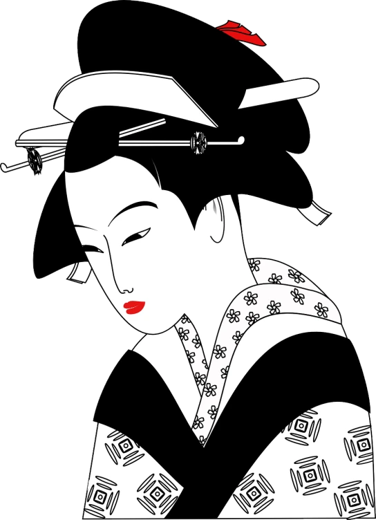 a black and white drawing of a woman in a kimono, pixabay, traditional japanese colors, japan travel and tourism, traditional female hairstyles, remarkable geisha make up