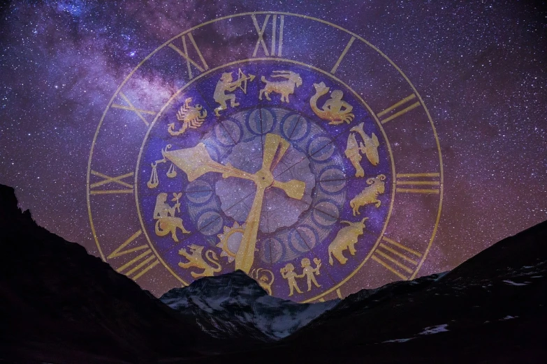 a clock that is on the side of a mountain, digital art, by Julia Pishtar, unknown zodiac sign, cast across the night sky, discord taken from life, seen from below