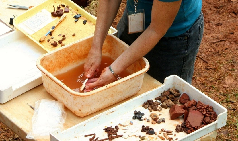 a woman in a blue shirt preparing food on a table, flickr, process art, red sandstone natural sculptures, brain in a vat, amber jewelry, tar pits