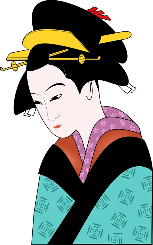 a geisha woman in a kimono kimono kimono kimono kimono kimono kimono kimono kimono kimono kimono, vector art, inspired by Uemura Shōen, flickr, close up face detail, with a black background, masterpiece illustration, japanese animation style