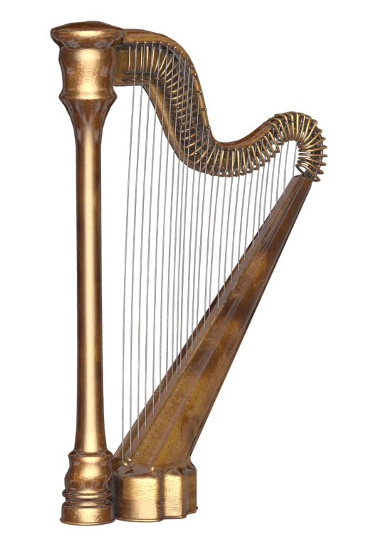 a golden harp sitting on top of a wooden stand, zbrush central, full - view, hyperrealistic-h 960, computer - generated, early 2 0 th century