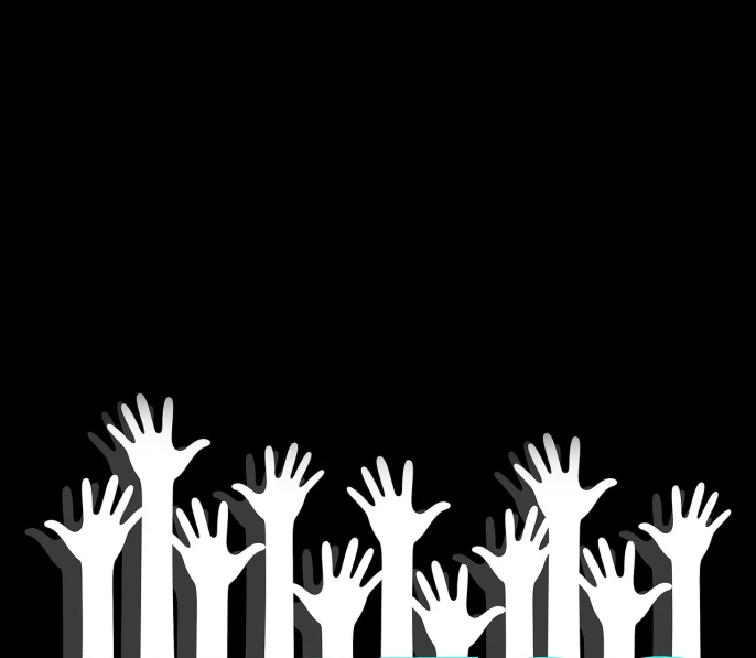 a group of people raising their hands in the air, a screenshot, by Odhise Paskali, pixabay, conceptual art, black flat background, background is white and blank, white gloves, help me