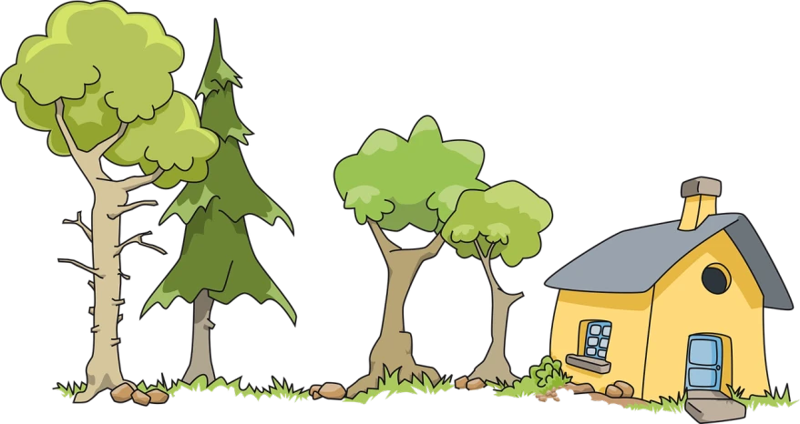 an image of a house in the woods, inspired by Eppo Doeve, pixabay, on black background, short cartoon strip, bushes, 2d side view