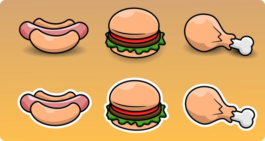 a bunch of food icons on a yellow background, concept art, by Andrew Domachowski, shutterstock, pop art, hamburgers, tileset asset store, upper body 2d game avatar, anonymous as a sausage