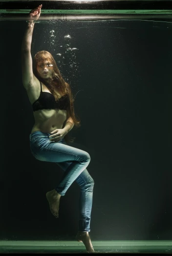 a woman that is standing in the water, a photorealistic painting, inspired by Elsa Bleda, art photography, ( ( ( wearing jeans ) ) ), shot at dark with studio lights, a redheaded young woman, floating in zero gravity