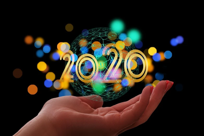 a hand holding a glowing new year sign, a hologram, by Tom Carapic, shutterstock, she is about 20 years old, glowing sphere, imet2020, connectivity