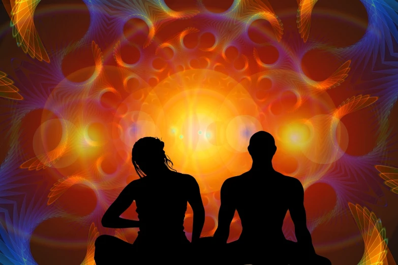 a man and a woman sitting next to each other, psychedelic art, sunbeams. digital illustration, sacral chakra, back lit, photo illustration