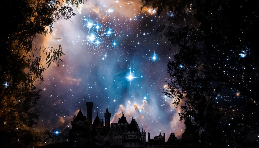 an image of a castle in the night sky, space art, sparkling nebula, enchanted magical fantasy forest, clematis like stars in the sky, multiple stars visible