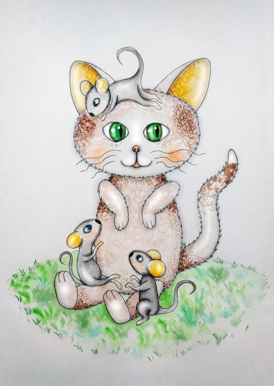 a drawing of a cat and a mouse, a storybook illustration, trending on pixabay, furry art, watercolor inpaint, hairless, air brush illustration, family portrait