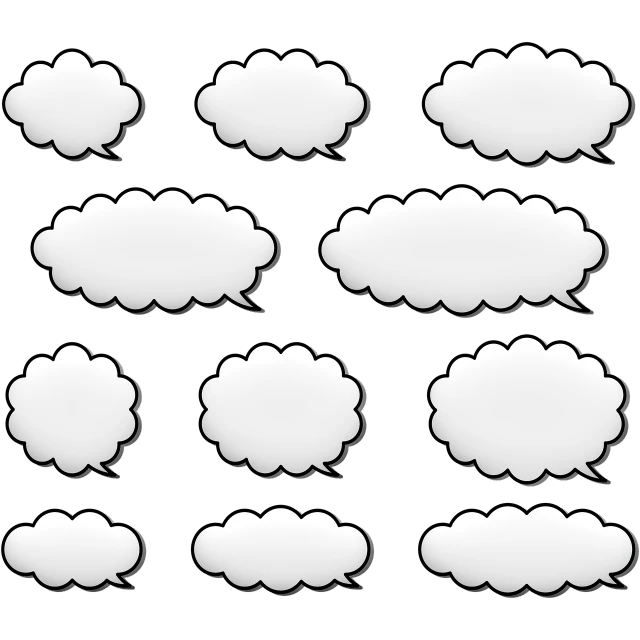 a set of white speech bubbles on a black background, concept art, below only cloud dark void, high details photo, no gradients, 2 0 1 1