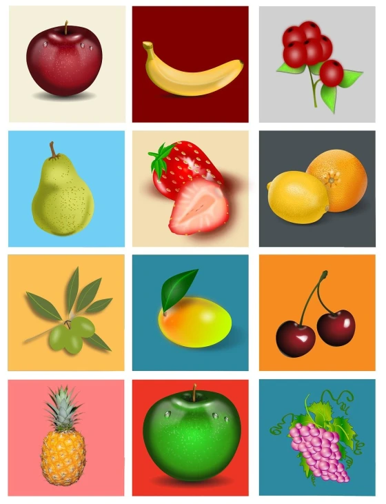 a bunch of different fruits sitting on top of each other, vector art, some square paintings, with small object details, air brush illustration, a beautiful artwork illustration