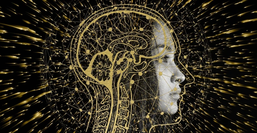 a close up of a person's head and brain, digital art, by Mirko Rački, trending on pixabay, intricate golden threads, girl looks at the space, face made of notation, side profile cenetered portrait