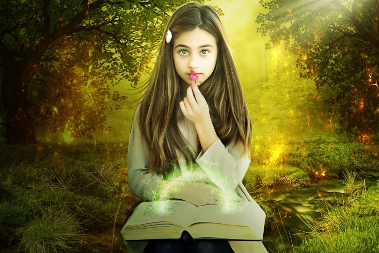 a girl holding a book in front of her face, inspired by Alison Kinnaird, fantasy art, stunning 3d render of a fairy, little girl with magical powers, kisses are wordless spells, magical forest backround